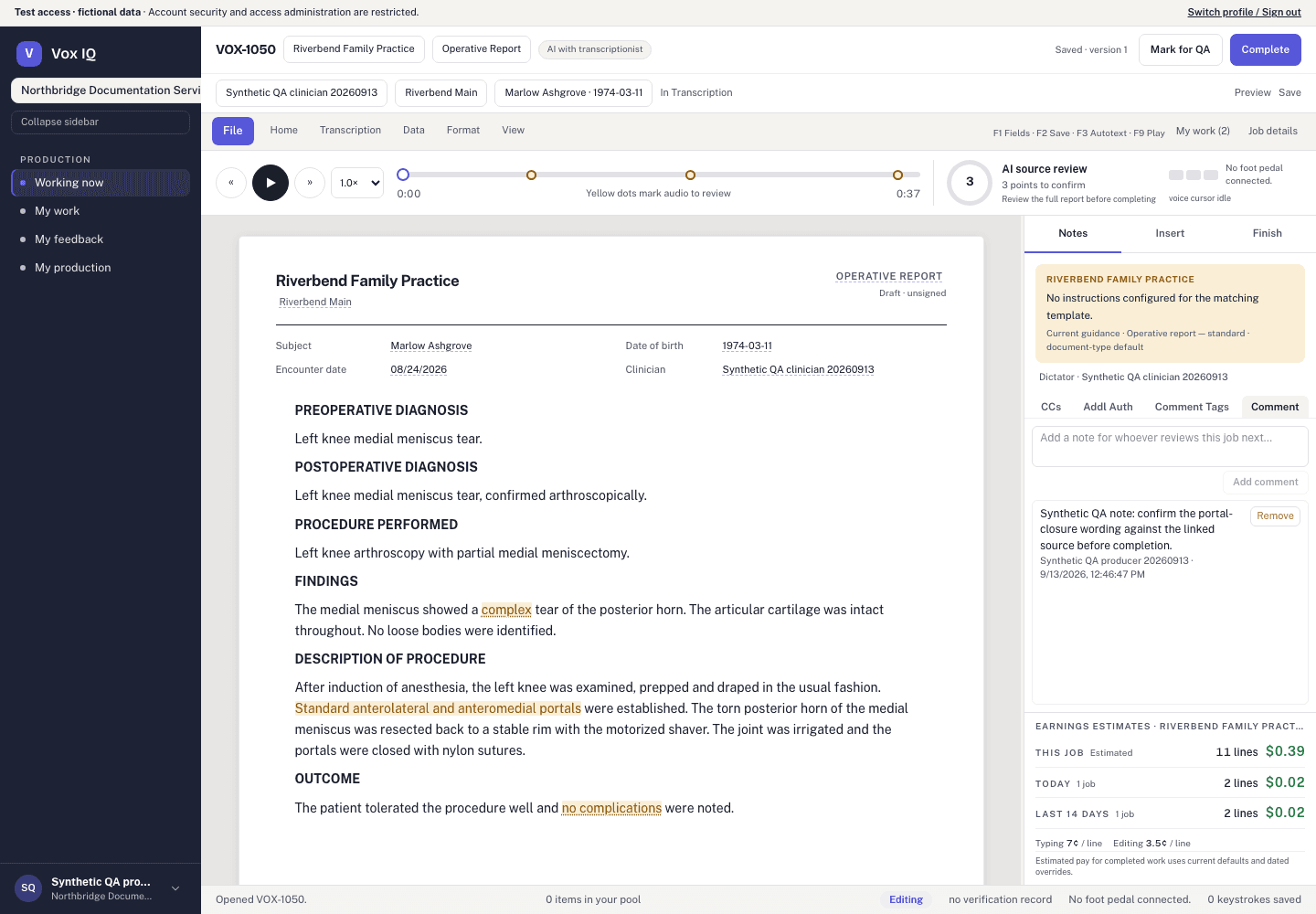 Vox IQ production workstation with a synthetic operative report, source-audio markers, review notes, and completion controls.